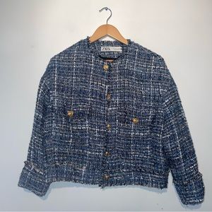 Zara Blue Plaid Tweed Jacket